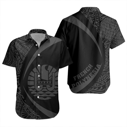 French Polynesia Short Sleeve Shirt Coat Of Arm Lauhala Gray Circle
