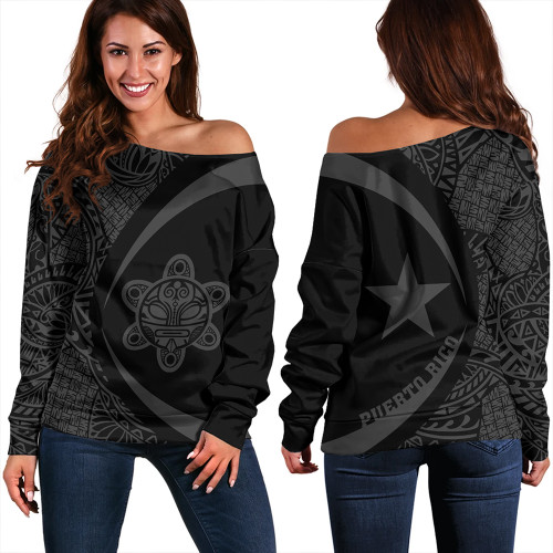 Puerto Rico Off Shoulder Sweatshirt Coat Of Arm Lauhala Gray Circle