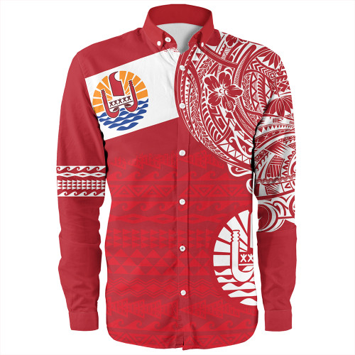Polynesian Long Sleeve Shirt French Polynesia Flag With Coat Of Arms