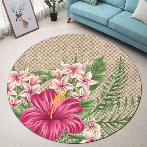 Hawaii Round Rug Hibiscus Plumeria Palm Leaves Lauhala Background Polynesian