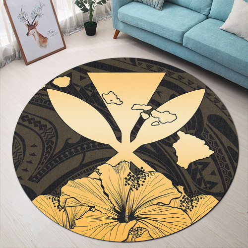 Hawaiian Round Rug Kanaka Maoli Hibiscus Polynesian Love Gold