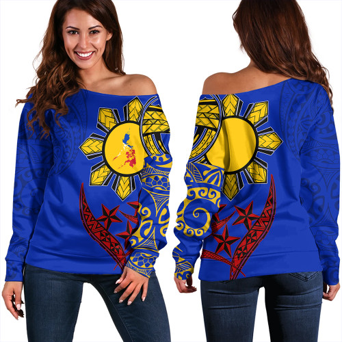 Philippines Off Shoulder Sweatshirt Tribal Sun In My Heart Color Flag Style