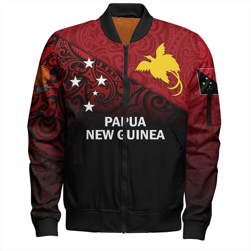 Papua New Guinea Bomber Jacket - PNG Flag Color With Traditional Patterns