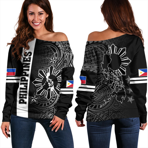 Philippines Off Shoulder Sweatshirt Lauhala Half Concept Black