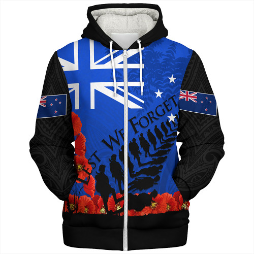 New Zealand Sherpa Hoodie Flag Anzac Day And Red Poppy