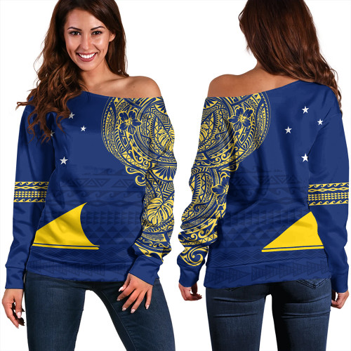 Tokelau Off Shoulder Sweatshirt Polynesian Flag With Coat Of Arms
