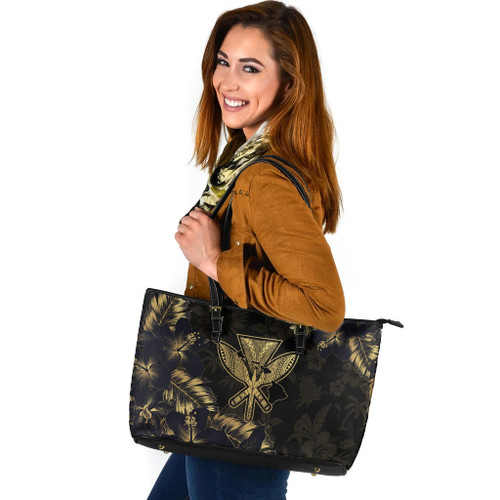 Hawaii Leather Tote Bag Hibiscus Tropical Hawaii Luxury Gold