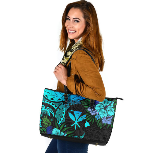 Hawaii Leather Tote Bag Polynesian Turtle Tropical Blue Gardient Blue