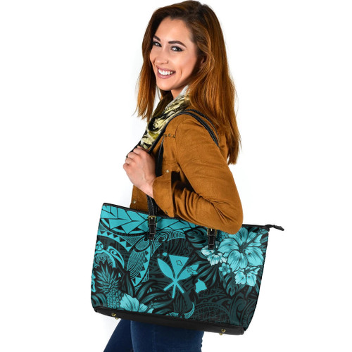 Hawaii Leather Tote Bag Polynesian Turtle Tropical Turquoise