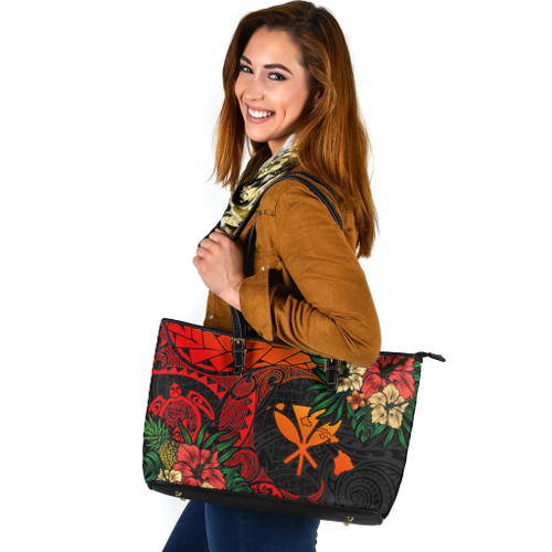 Hawaii Leather Tote Bag Polynesian Turtle Tropical