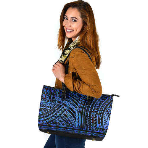 Polynesia Leather Tote Bag Pattern Tattoo Blue