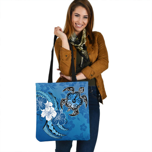 Hawaii Tote Bag Flower And Sea Turtle Polynesian