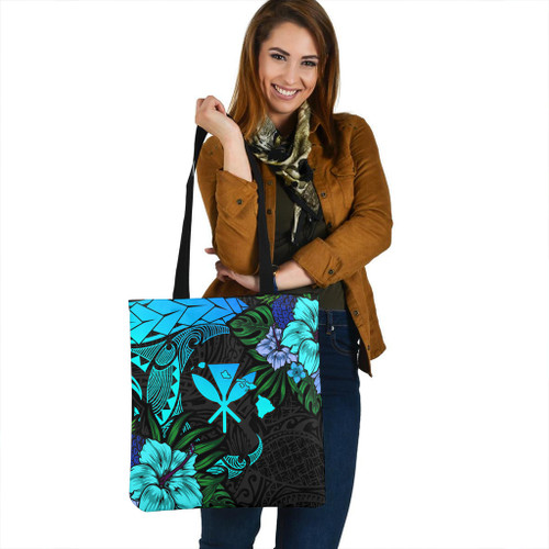 Hawaii Tote Bag Polynesian Turtle Tropical Blue Gardient Blue