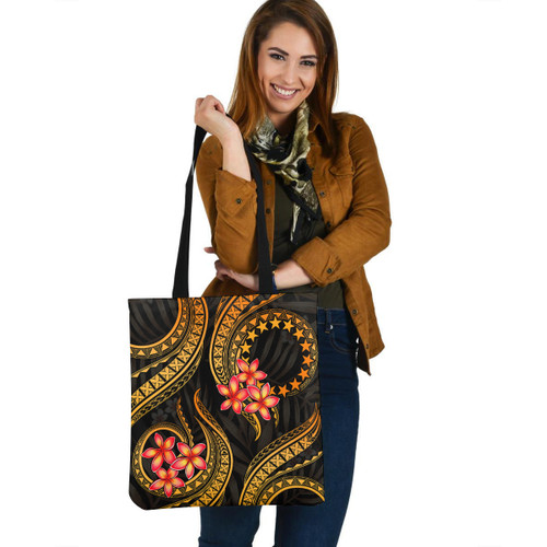 Cook Islands Tote Bag Gold Polynesian Pattern Plumeria 1