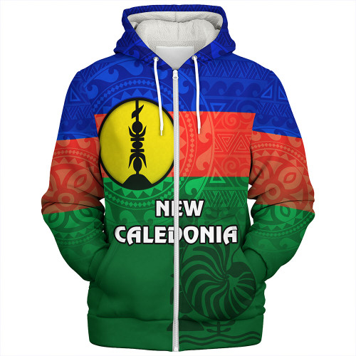 New Caledonia Sherpa Hoodie Flag Color With Traditional Patterns