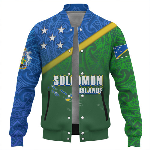 Solomon Islands Baseball Jacket Flag Color With Traditional Patterns