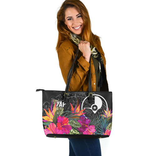 Yap Custom Personalised Leather Tote Polynesian Hibiscus Pattern