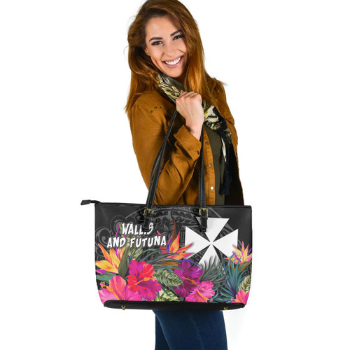 Wallis and Futuna Custom Personalised Leather Tote Polynesian Hibiscus Pattern