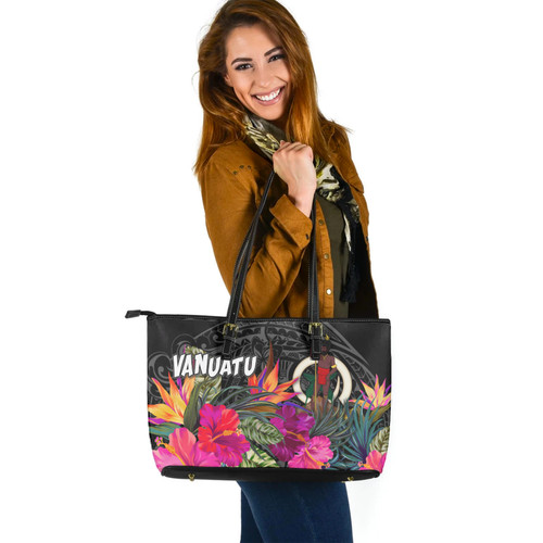 Vanuatu Custom Personalised Leather Tote Polynesian Hibiscus Pattern