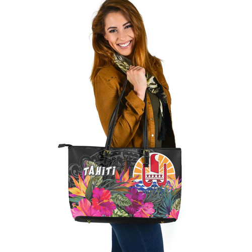 Tahiti Custom Personalised Leather Tote Polynesian Hibiscus Pattern