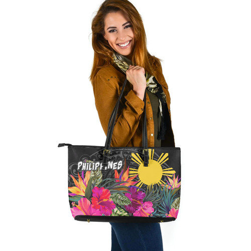 Phillipines Custom Personalised Leather Tote Polynesian Hibiscus Pattern
