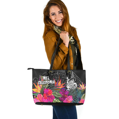 New Caledonia Custom Personalised Leather Tote Polynesian Hibiscus Pattern
