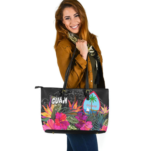Guam Custom Personalised Leather Tote Polynesian Hibiscus Pattern