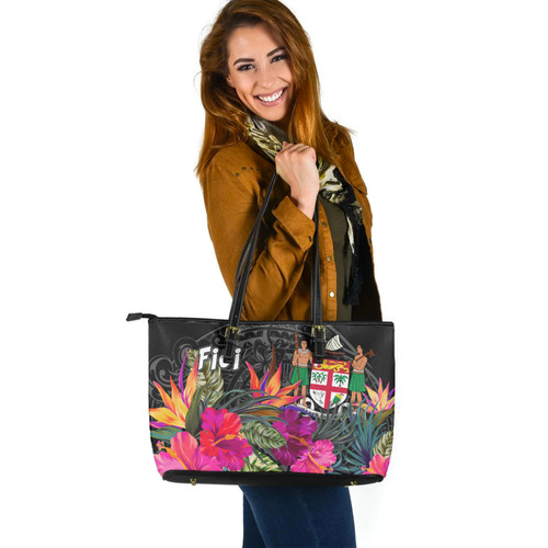 Fiji Crest Custom Personalised Leather Tote Polynesian Hibiscus Pattern 1