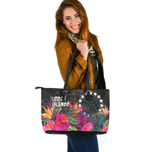 Cook Islands Custom Personalised Leather Tote Polynesian Hibiscus Pattern 1