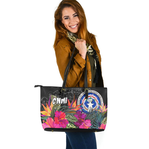 Northern Mariana Islands Custom Personalised Leather Tote Polynesian Hibiscus Pattern 1