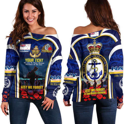 New Zealand Off Shoulder Sweatshirt Custom Anzac Day Royal New Zealand Navy Te Taua Moana o Aotearoa