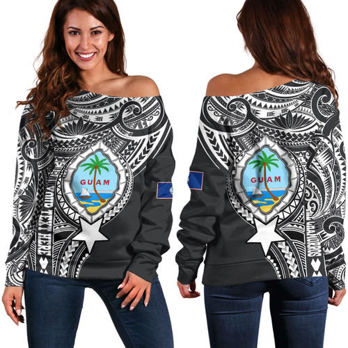Guam Off Shoulder Sweatshirt Custom Guam Coat Of Arms Polynesian Half Body Tattoo Black Style