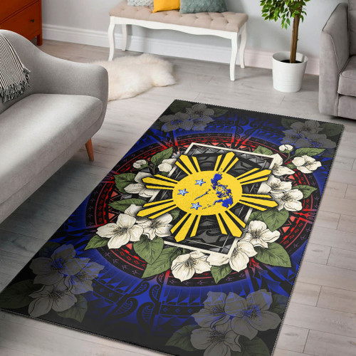 Philippines Filipino Area Rug Sun And Map Jasmine Flowers Vintage Style