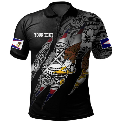 American Samoa Polo Shirt Custom AS Pride Polynesian Sleeve Tattoo Scratch Style Black