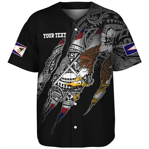 American Samoa Baseball Shirt Custom AS Pride Polynesian Sleeve Tattoo Scratch Style Black