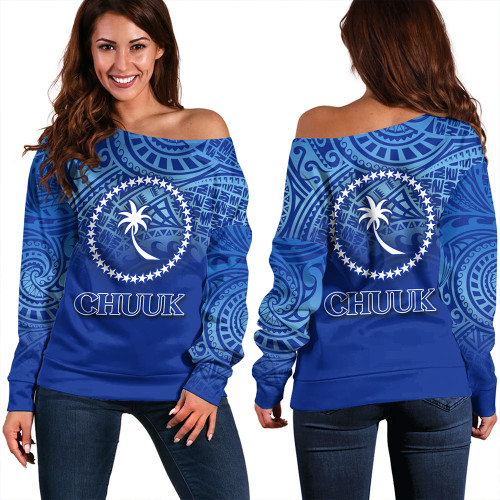 Chuuk State Off Shoulder Sweatshirt Flag Color With Traditional Patterns