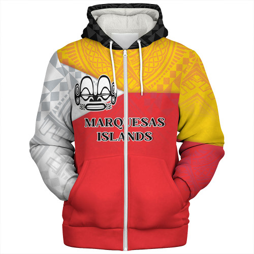 Marquesas Islands Sherpa Hoodie Flag Color With Traditional Patterns