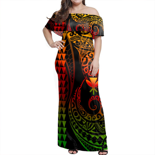 Hawaii Woman Off Shoulder Long Dress Kanaka Coat Of Arms Kakau Style Reggae
