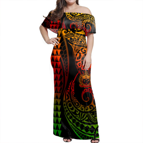 Samoa Woman Off Shoulder Long Dress Coat Of Arms Kakau Style Reggae