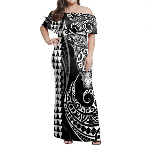 Cook Islands Woman Off Shoulder Long Dress Coat Of Arms Kakau Style White