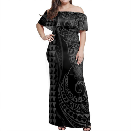 Papua New Guinea Woman Off Shoulder Long Dress Coat Of Arms Kakau Style Grey