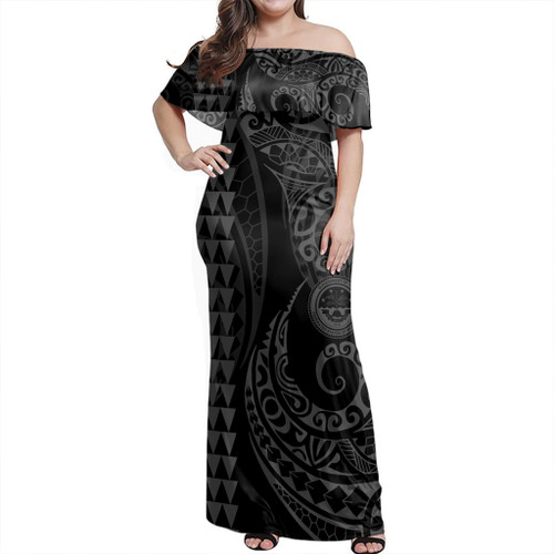 Federated States Of Micronesia Woman Off Shoulder Long Dress Coat Of Arms Kakau Style Grey