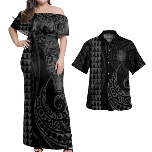 Cook Islands Combo Dress And Shirt Coat Of Arms Kakau Style Grey
