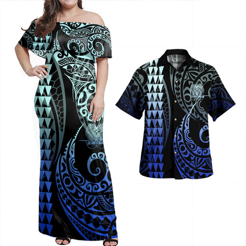 Papua New Guinea Combo Dress And Shirt Coat Of Arms Kakau Style Gradient Blue