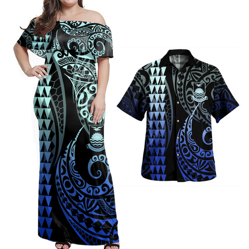 Kiribati Combo Dress And Shirt Coat Of Arms Kakau Style Gradient Blue