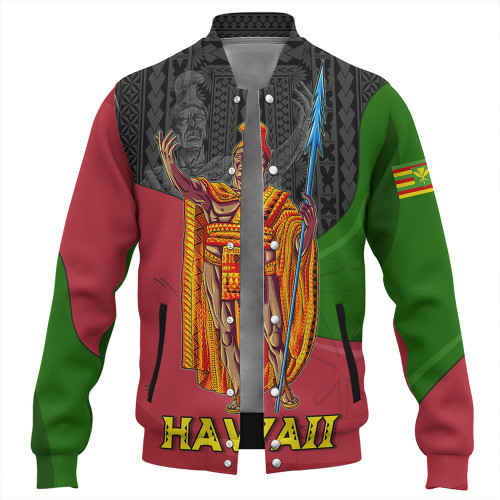 Hawaii Baseball Jacket Hawaii King With Map And Flag Tribal Patterns