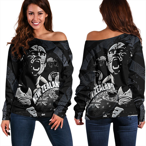 New Zealand Off Shoulder Sweatshirt Maori Haka With Rugby Ball