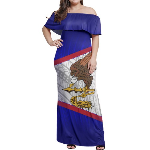 American Samoa Flag Color With Traditional Patterns Women Off Shoulder Long Dress