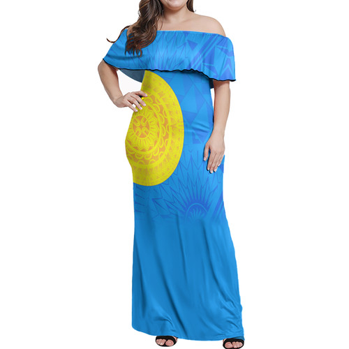 Palau Flag Color With Traditional Patterns Women Off Shoulder Long Dress
