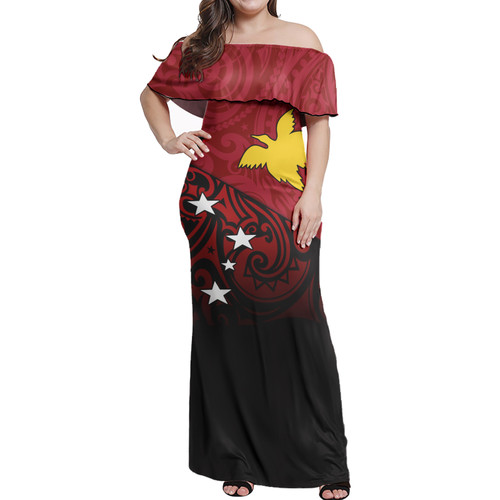 Papua New Guinea Flag Color With Traditional Patterns Women Off Shoulder Long Dress